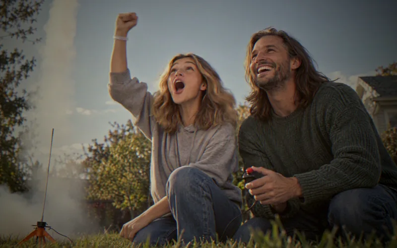 In the backyard, a teenager cheers with her dad as their model rocket launches, its smoke trail rising behind them.