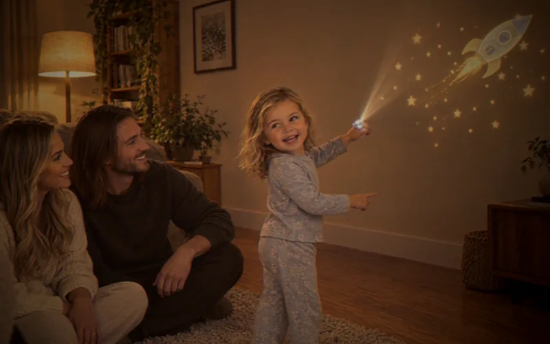 A four-year-old in pajamas points her Halo at the living-room wall, where it projects a rocket among the stars while her parents watch.